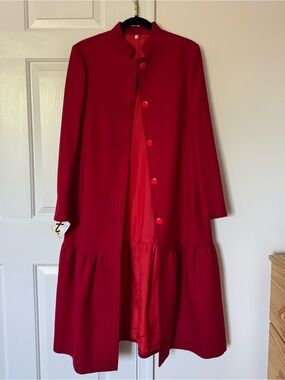 Women's Red Midi A-Line Coat with Button Front